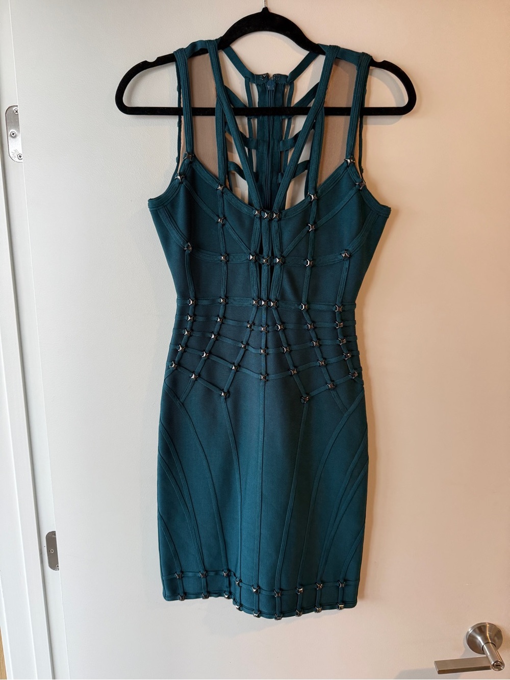 Herve Leger Teal Strappy Bandage Mini Dress